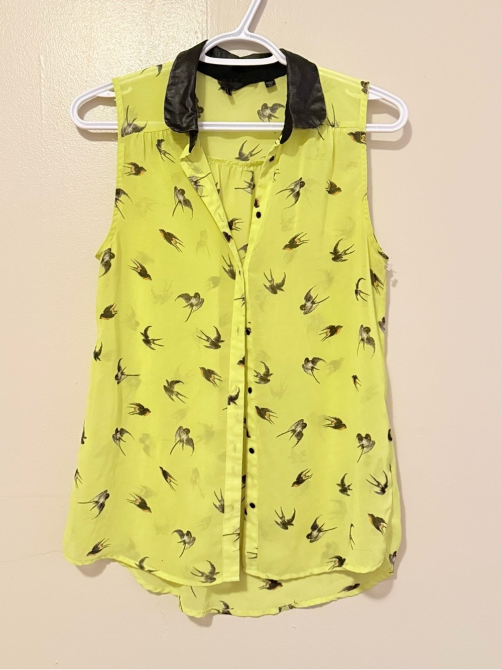 Dex Neon Yellow/ green Bird-Print Sleeveless Camisole with Black Collar- sheer.